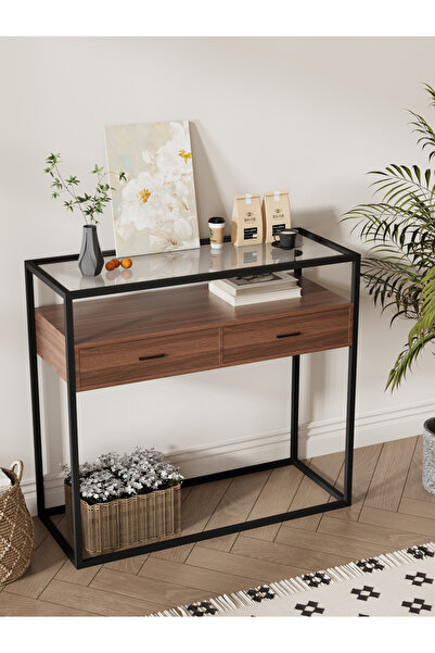 VariFurnx 100*40*90cm 2 Tier Glass Console Table Sofa Table Coffee Corner with Storage Shelf and 2 Drawers