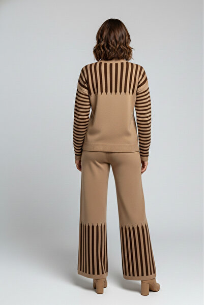 YusGos Women's Arm and Leg Striped Detail Bottoms Top Pants Sweater Knitwear Set