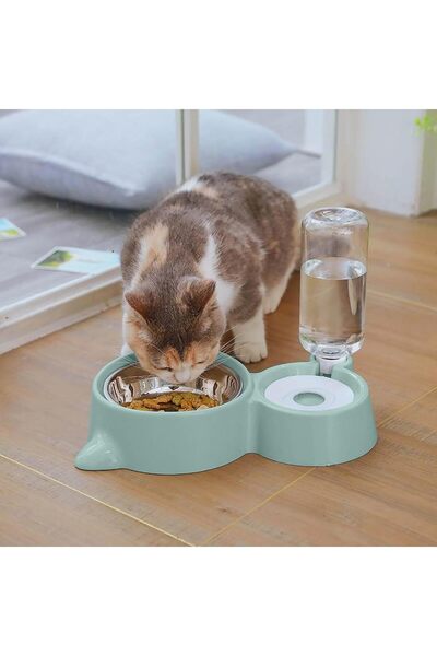 KADRAMA 2-in-1 Cat Food & Water Bowl Set with No-Spill Automatic Water Dispenser (Green)
