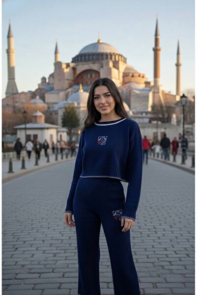 YusGos Women's Crew Neck Patterned Crop Sweater Pants Knitwear Top and Bottom Set