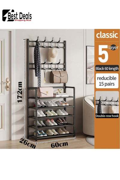 genernic رف أحذية وقبعات بخمس طبقات مع 8 خطافات، ومساحة تخزين بخمس طبقات