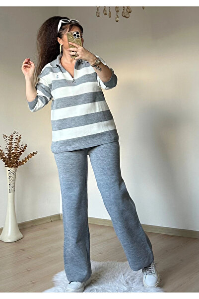AZRA BUTİK Striped Knitwear Set Gray