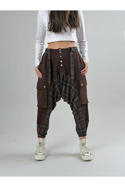 COCOPELLI Garni Design Women's Coffee Plaid Patterned Sports Baggy Pants Coc2618