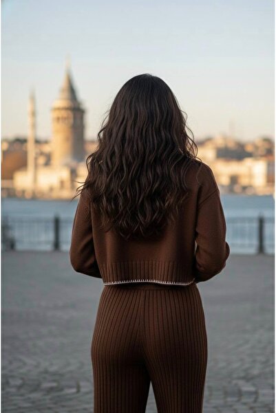 YusGos Women's Crew Neck Patterned Crop Sweater Pants Knitwear Top and Bottom Set