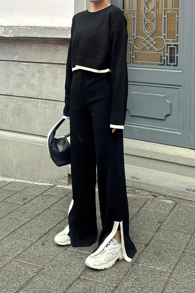 LİMABEL Μαύρο και άσπρο ριγέ άνοιγμα πλεκτό Crop-Pants Γυναικείο πλεκτό σετ κάτω-πάνω