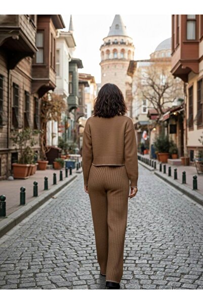 YusGos Women's Crew Neck Patterned Crop Sweater Pants Knitwear Top and Bottom Set