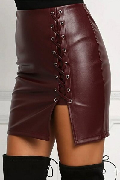 Mossta High Waist Leather Side Lace-Up Slit Detailed Mini Skirt - Burgundy