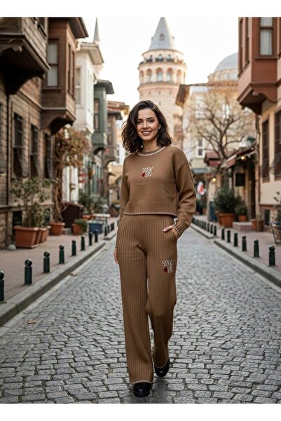 YusGos Women's Crew Neck Patterned Crop Sweater Pants Knitwear Top and Bottom Set