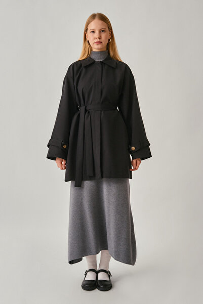 ZÜLAYS Düşük Kol Kısa Trençkot Siyah