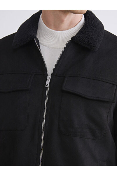 LC Waikiki Ανδρικό παλτό Vision Black εφαρμοστό με γούνινο γιακά από σουέτ