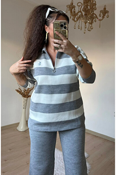 AZRA BUTİK Striped Knitwear Set Gray