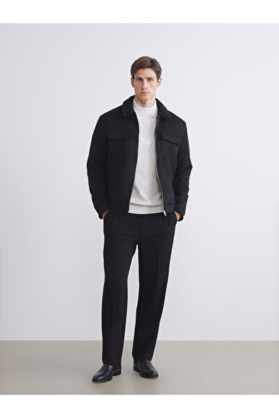 LC Waikiki Ανδρικό παλτό Vision Black εφαρμοστό με γούνινο γιακά από σουέτ