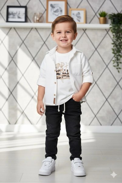 Bontino Boys' 3-Piece Outfit Set - Pocketed Shirt, %100 Cotton T-Shirt and St...