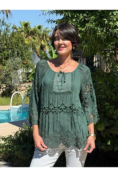 Punta Otantik Nc2428 Italian Classic Silk Blouse Bitter Green