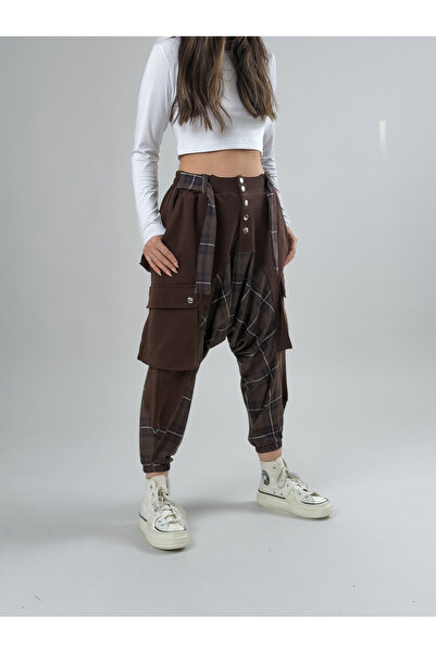 COCOPELLI Garni Design Women's Coffee Plaid Patterned Sports Baggy Pants Coc2618