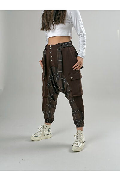 COCOPELLI Garni Design Women's Coffee Plaid Patterned Sports Baggy Pants Coc2618