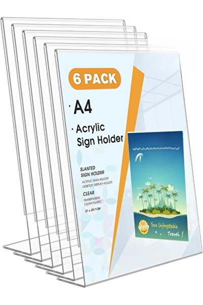 Slasa 6-Pack A4 Acrylic Sign Holders 21×8×29.7 cm – Clear Slanted Display Stands