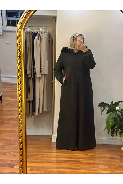 RAŞEL DESİGN Kürk Detay Şapkalı Antrasit Ferace