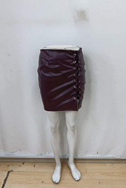 Mossta High Waist Leather Side Lace-Up Slit Detailed Mini Skirt - Burgundy