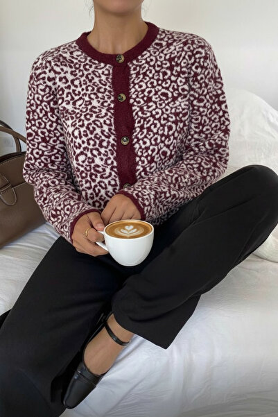 NEWCO Leopard Patterned Buttoned 100% Acrylic Beard Knitwear Sweater Cardigan - Burgundy