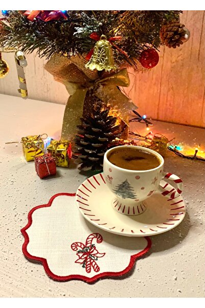 Mora Tekstil Set of 6 Embroidered Presentation Napkins – Christmas/New Year Themed Decorative Presentation Napkins