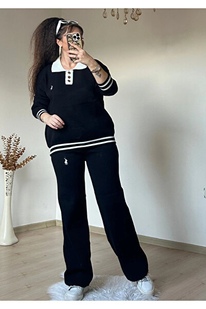 AZRA BUTİK Gold Buttoned Knitwear Set Black