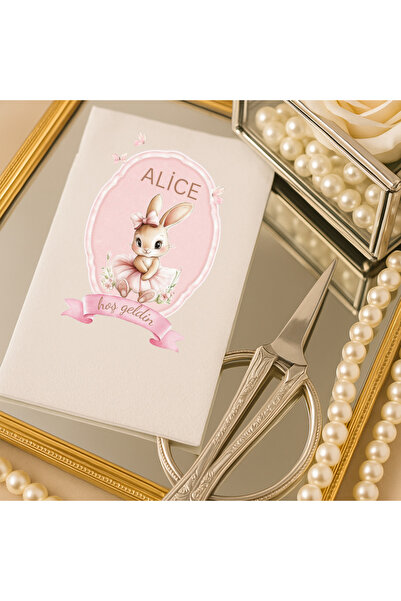 Lion Baskı ve Organizasyon Pembe Tavşan Temalı Kişiye Özel Hoş Geldin Peçetesi