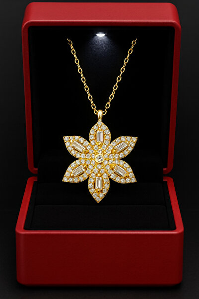 KAR DİAMOND 925 Ayar Gümüş Altın Kaplama Zirkon Taşlı Nergis Çiçeği Kolye Sertifikalı Özel Işıklı Hediye Kutulu