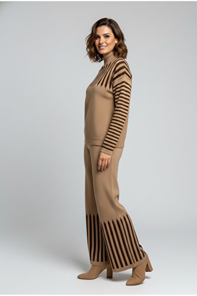 YusGos Women's Arm and Leg Striped Detail Bottoms Top Pants Sweater Knitwear Set