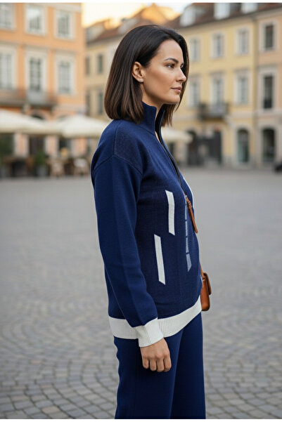 YusGos Women's Vertical Stripe Patterned Zippered Collar Bottom Top Pants Sweater Knitwear Set