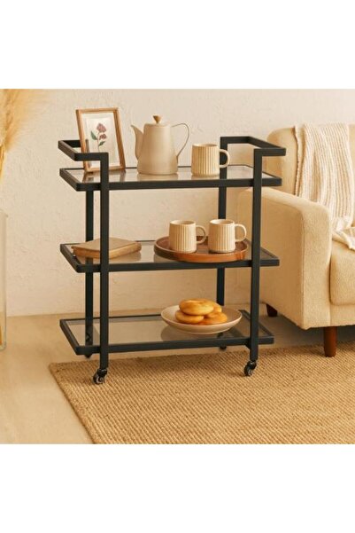 Generic عربة تقديم معدنية سوداء مع 3 أرفف زجاجية سوداء - 80x85x40 سم