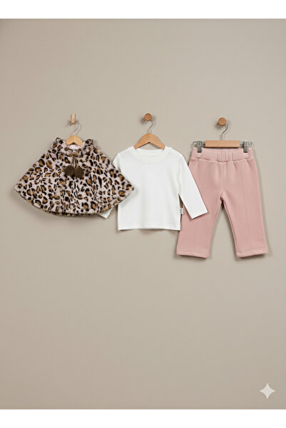 Selvira Girl's Leopard Print Plush Cape Pink Pants and T-Shirt 3-Piece Set