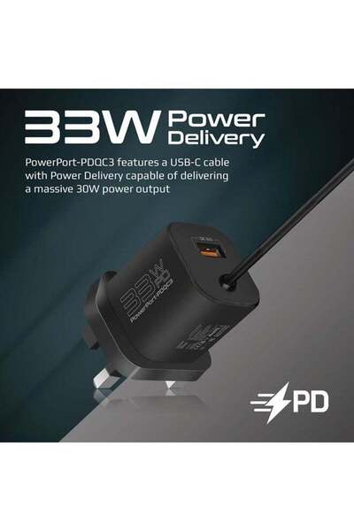 Promate PowerPort-PDQC 33W USB-C Power Delivery Wall Charger with 22.5W Quick Charge 3.0, Built-in 1