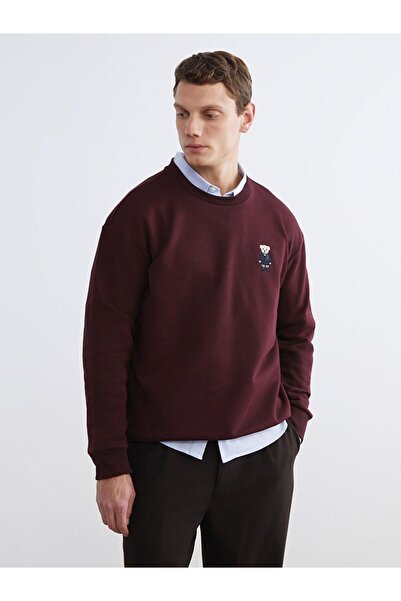 LC Waikiki Lcw Vision Burgundy Crew Neck Bear Teddy Printed Men's Thick Sweat...