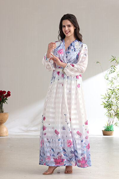 Verona Trading Company Striped chiffon maxi dress with a delicate floral print and embellished belt – elegant design with sheer sleeves and a wrap-style bodice