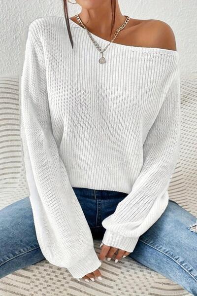 Mossta Off-Shoulder Boat Neck Knit Sweater Blouse - White