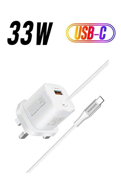 Promate USB-C Charger 33W Power Delivery Wall Adapter with 22.5W Quick Charge & 1.5M Built-in Type-C