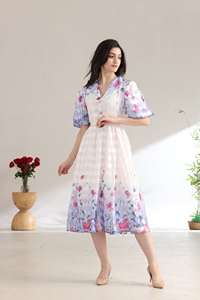 Verona Trading Company Striped chiffon midi dress with soft floral prints, puff sleeves, classic collar, and front buttons – elegant design