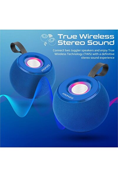 Promate Juggler Blue LED Bluetooth Speaker — 5W True Wireless, Micro SD & USB, 360° Sound, LED Li