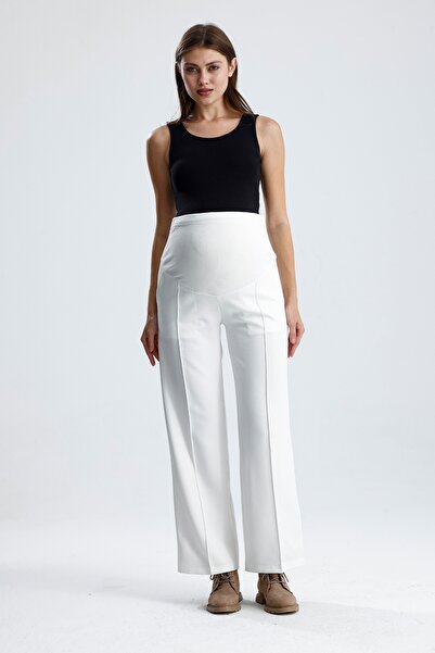 KATLİN MATERNİTY WEAR Maternity Wide Leg Adjustable Waist Fabric White Pants with Front Seam Detail