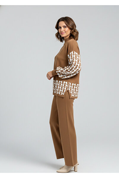 YusGos Women's Geometric Patterned Bottom Top Pants Sweater Knitwear Set