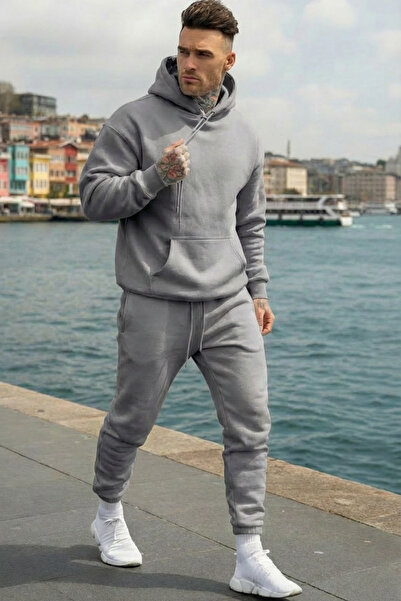 YAKAMEL Ανδρικό σετ φόρμας με κουκούλα και ψηλή μέση, χειμερινό, φαρδύ και άν...