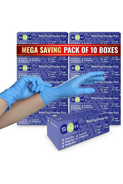 SNH Packing Disposable Vinyl Gloves 100pcs, Powder-Free, Latex-Free, Blue