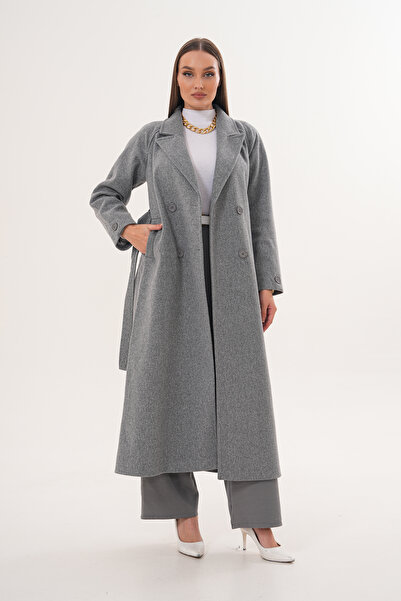 Pinpery Gray Belted Lined Wool Long Cashmere Coat