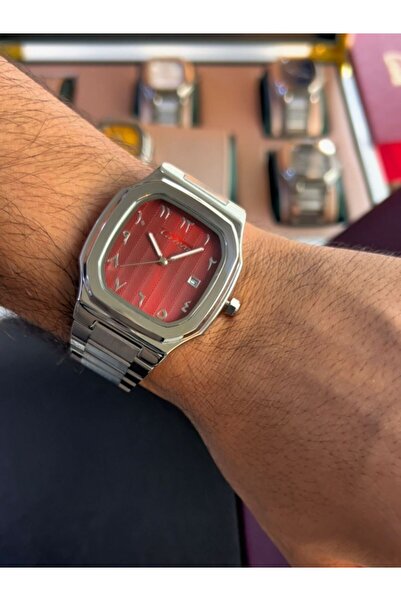 catera Limited-time offer: Men's stainless steel watch with a burgundy and silver dial, yellow dial, and Arabic numerals.