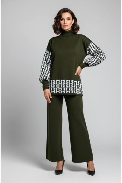 YusGos Women's Geometric Patterned Bottom Top Pants Sweater Knitwear Set