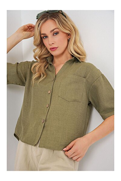 LC Waikiki Kadın Keten Görünümlü Crop Gömlek 20339 - Çağla