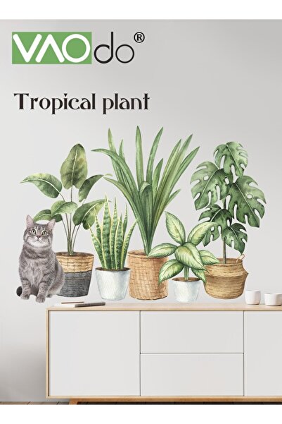 VAODO ورق حائط مطبوع ، نباتات خضراء مزروعة في أصص وملصق حائط بنمط قطة صغيرة، ...