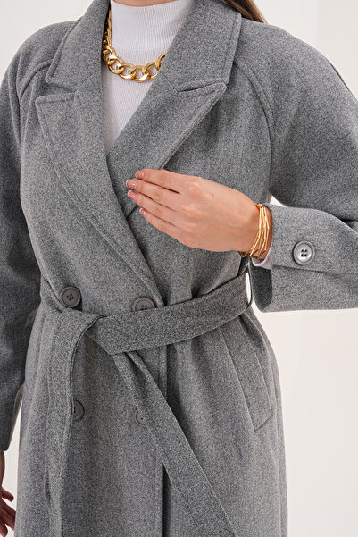 Pinpery Gray Belted Lined Wool Long Cashmere Coat