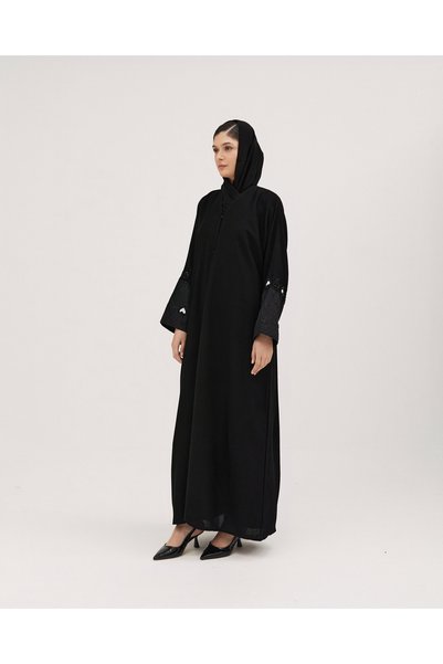 SOROSE SA Royal black flared abaya with black beaded embroidery and white threads – luxurious design